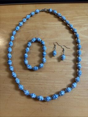 Handmade Blue Paper Bead Necklace, Bracelet & Earrings Set